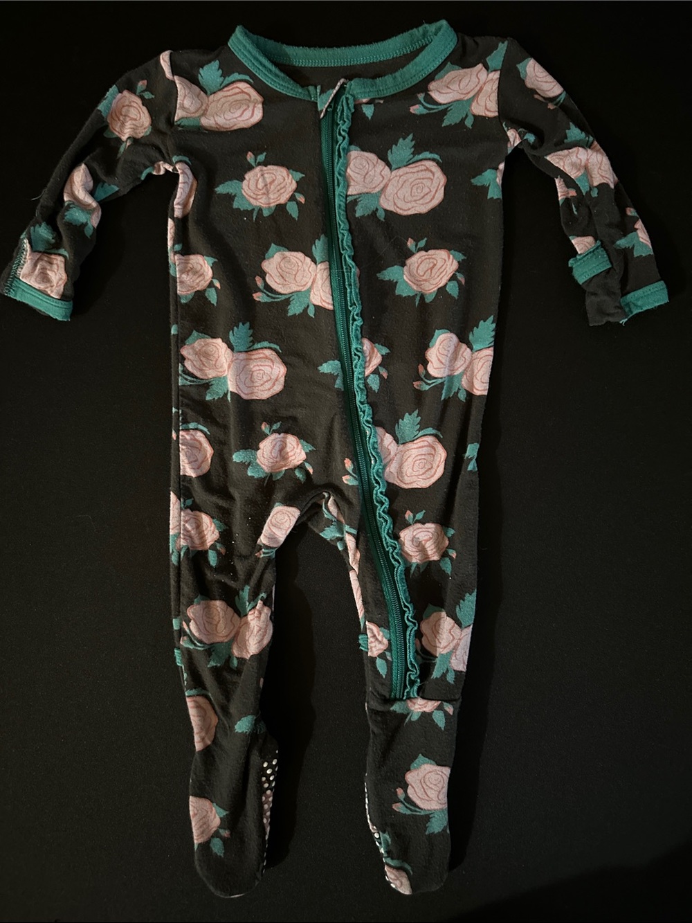 Kickee Pants Black Footed One-Piece with Pink Roses and Teal Trim